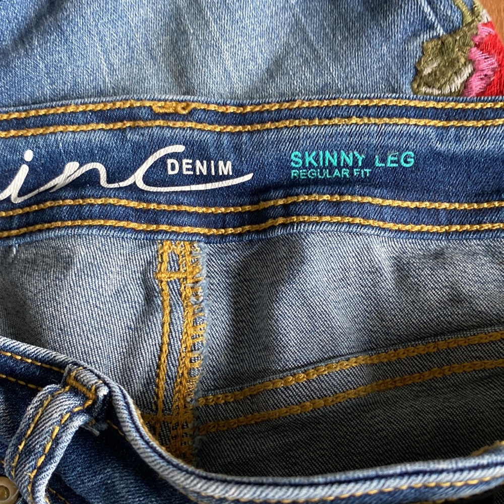 INC International Concepts Blue Skinny Jeans with Red & Pink Floral Embroidery - Picture 8 of 16